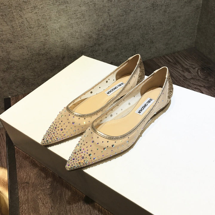Breathable mesh rhinestone flat shoes pointed toe sandals soft sole shoes for women