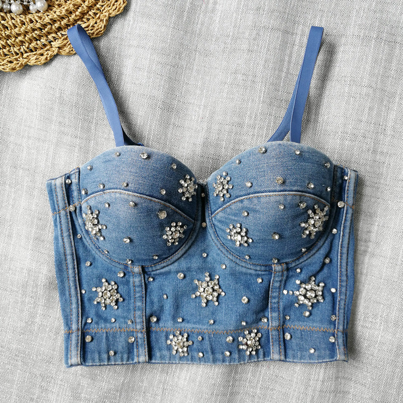 Denim Beaded Crop Top