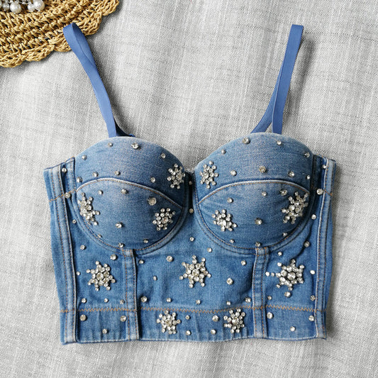 Denim Beaded Crop Top