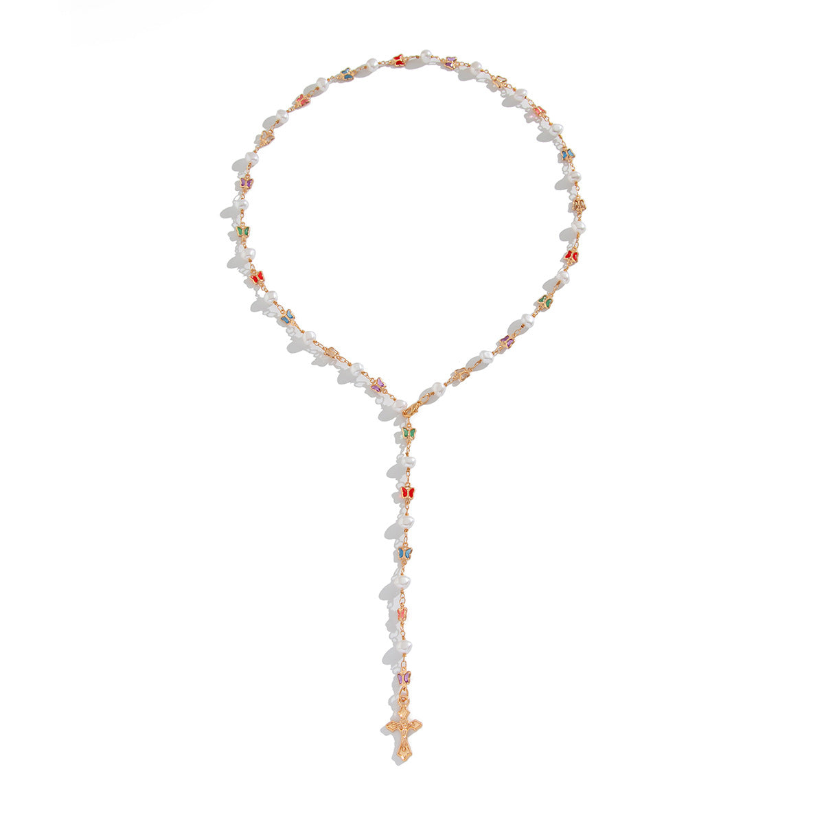 Sweet style pearl inlaid Y-shaped chain necklace, small fresh cross alloy collarbone chain