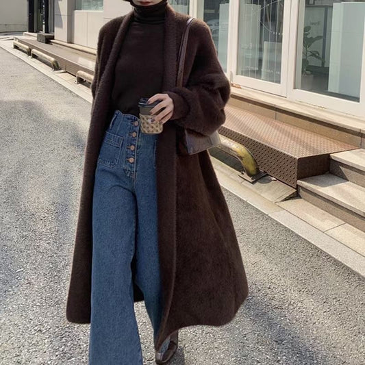 Autumn and winter thick loose cardigan mink fur medium long western-style sweater jacket lazy style long sleeved outer layer knit sweater