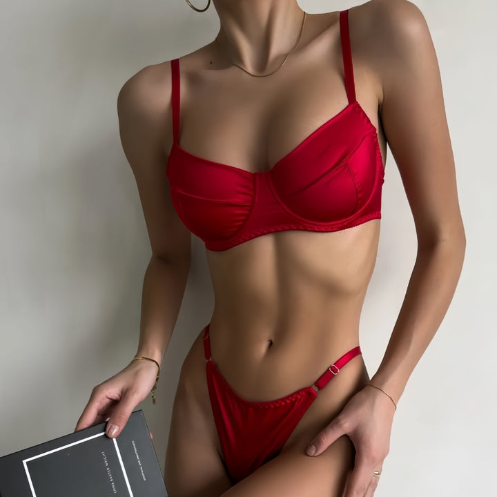 Red Lingerie Set - Sexy Thin Large Bust Minimizer Women's Push-Up Bra and Thong Underwear Set