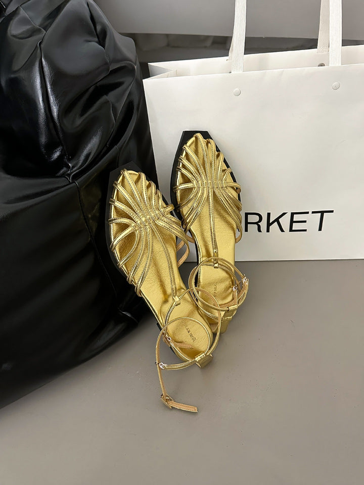French Knitted Hollow Bow Flat Bottom Women's Sandals with Gold and Silver Open Toe Wrist Wrap and One Word Strap Shoes