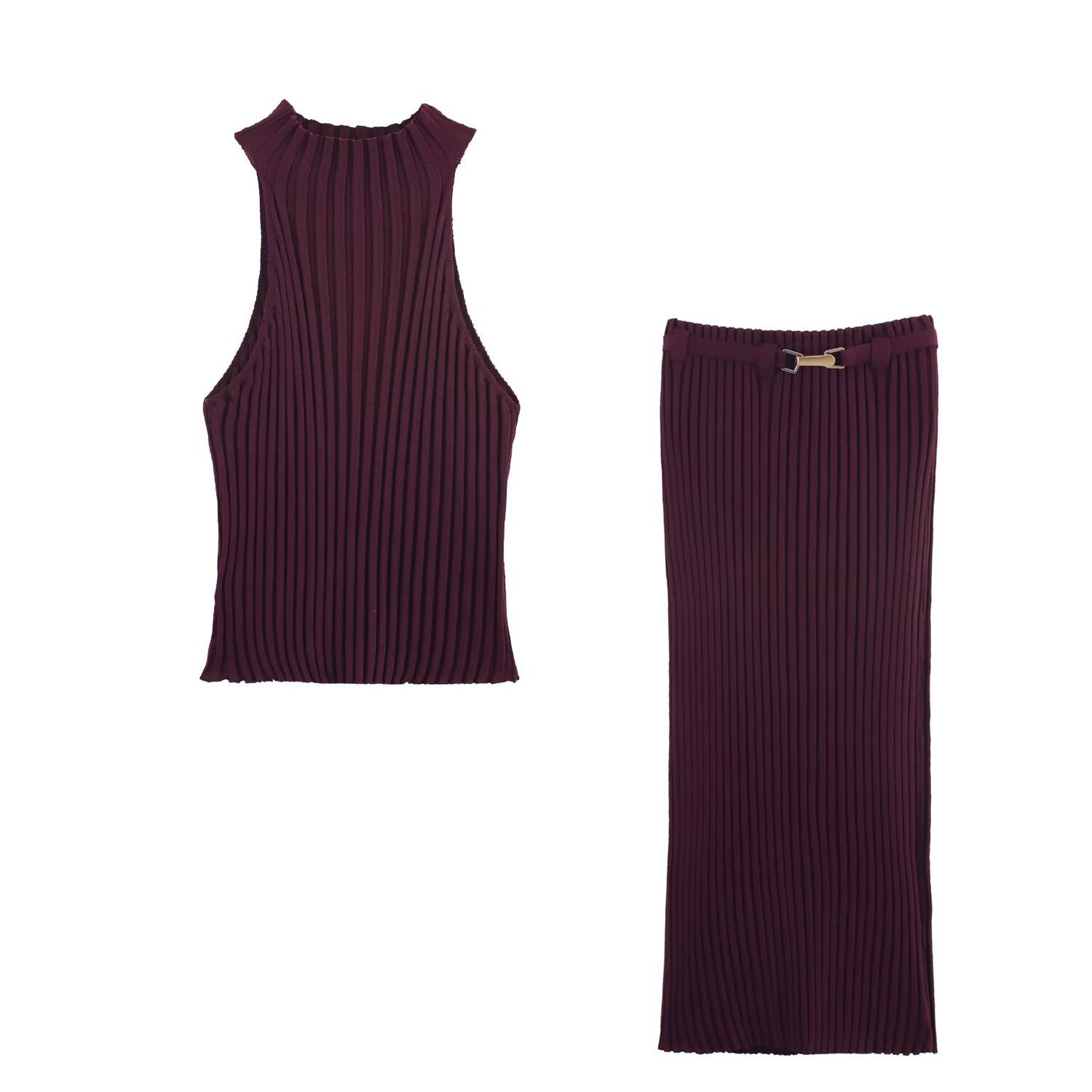 Fashion ribbed knitted halter neck top+long skirt set for women