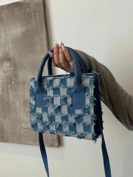Raw Hem Checkered Denim Handbag