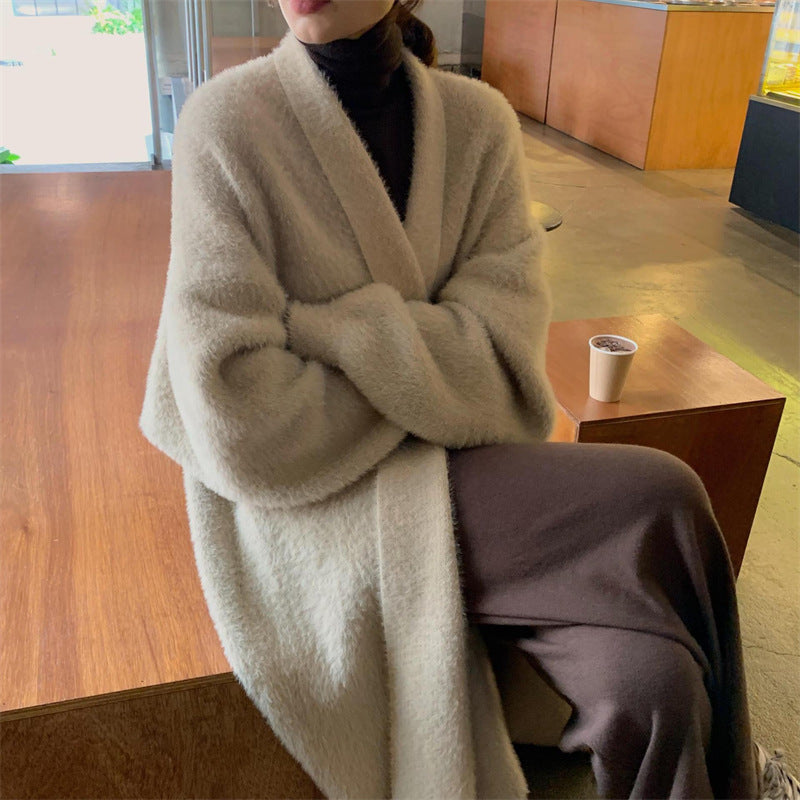 Autumn and winter thick loose cardigan mink fur medium long western-style sweater jacket lazy style long sleeved outer layer knit sweater