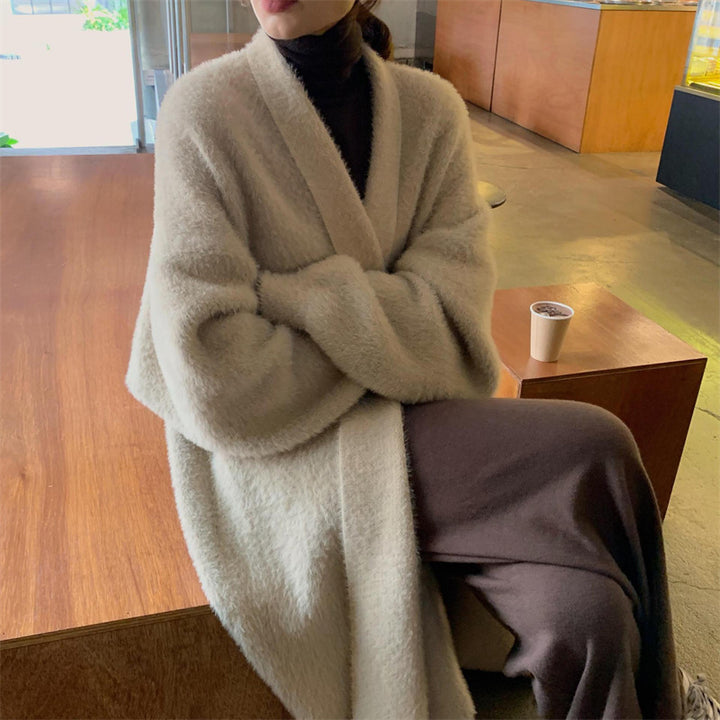 Autumn and winter thick loose cardigan mink fur medium long western-style sweater jacket lazy style long sleeved outer layer knit sweater