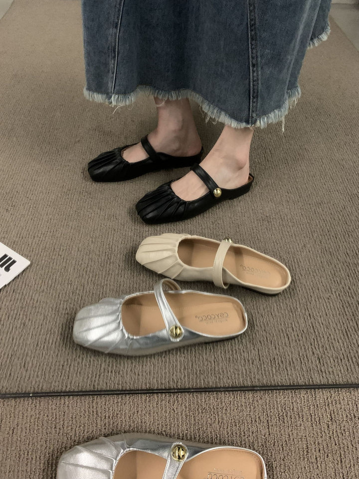 Silver Baotou Half Tuo Flat Bottom Sandals for Women's Summer Outwear New Mary Jane Muller with Skirt Sandals