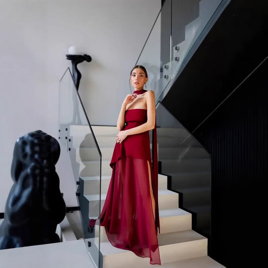 Women's Clothing Tube Top Mesh Splicing Hem Dress Sexy Solid Color