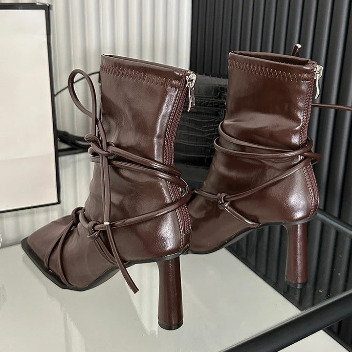 Female Square Toe Red Shoes Ladies Modern Boots With Round Heels Fashion Cross-tied Footwear Stretch Women Ankle Boots Shoes