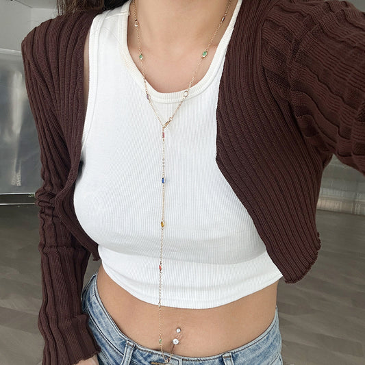 Fashionable colored crystal Y-shaped necklace, simple geometric multi-layer tassel collarbone chain