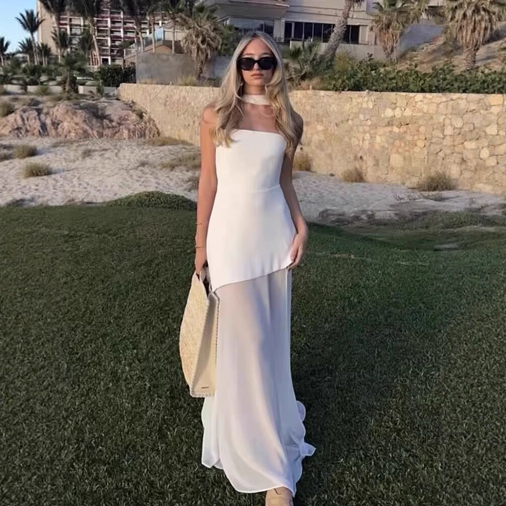 Women's Clothing Tube Top Mesh Splicing Hem Dress Sexy Solid Color