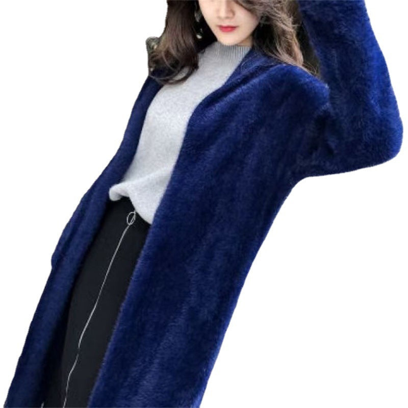 Autumn and winter thick loose cardigan mink fur medium long western-style sweater jacket lazy style long sleeved outer layer knit sweater