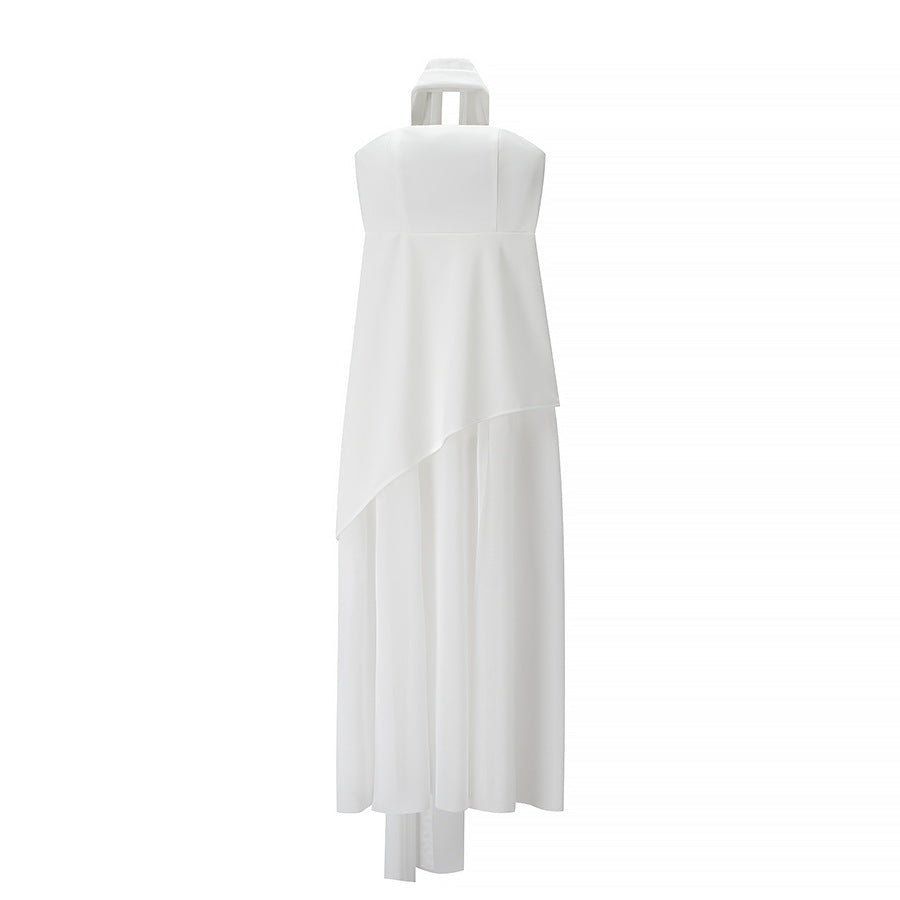 Women's Clothing Tube Top Mesh Splicing Hem Dress Sexy Solid Color