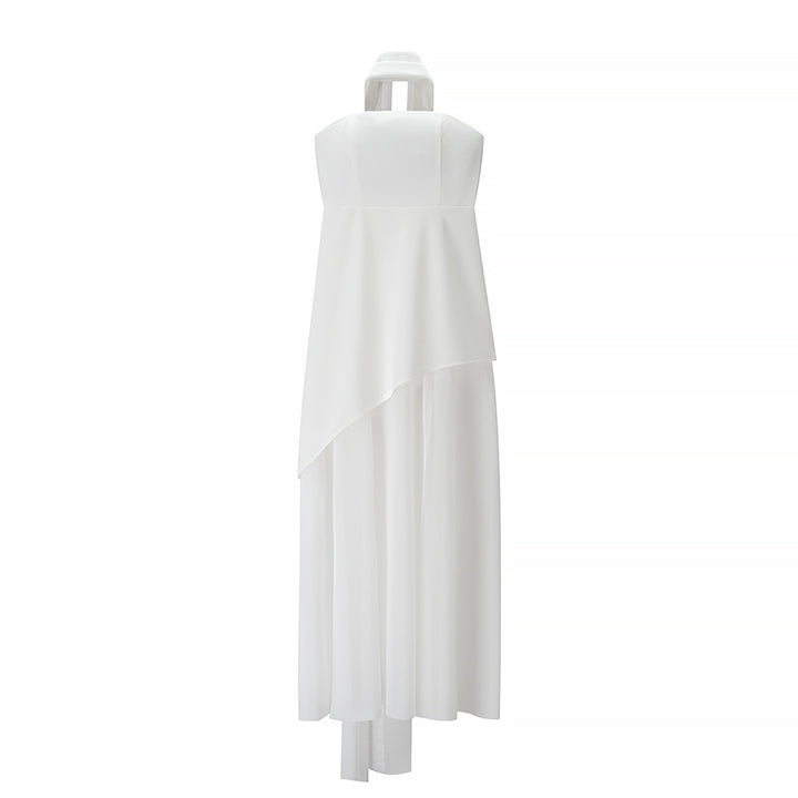 Women's Clothing Tube Top Mesh Splicing Hem Dress Sexy Solid Color