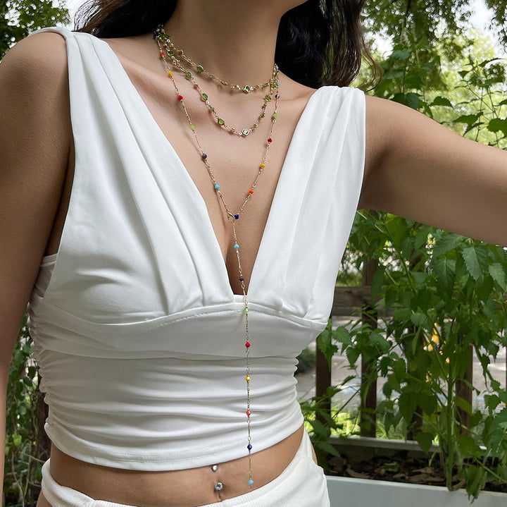 Fashionable tassel Y-shaped chain necklace for women, simple and multi-layered inlaid crystal collarbone chain