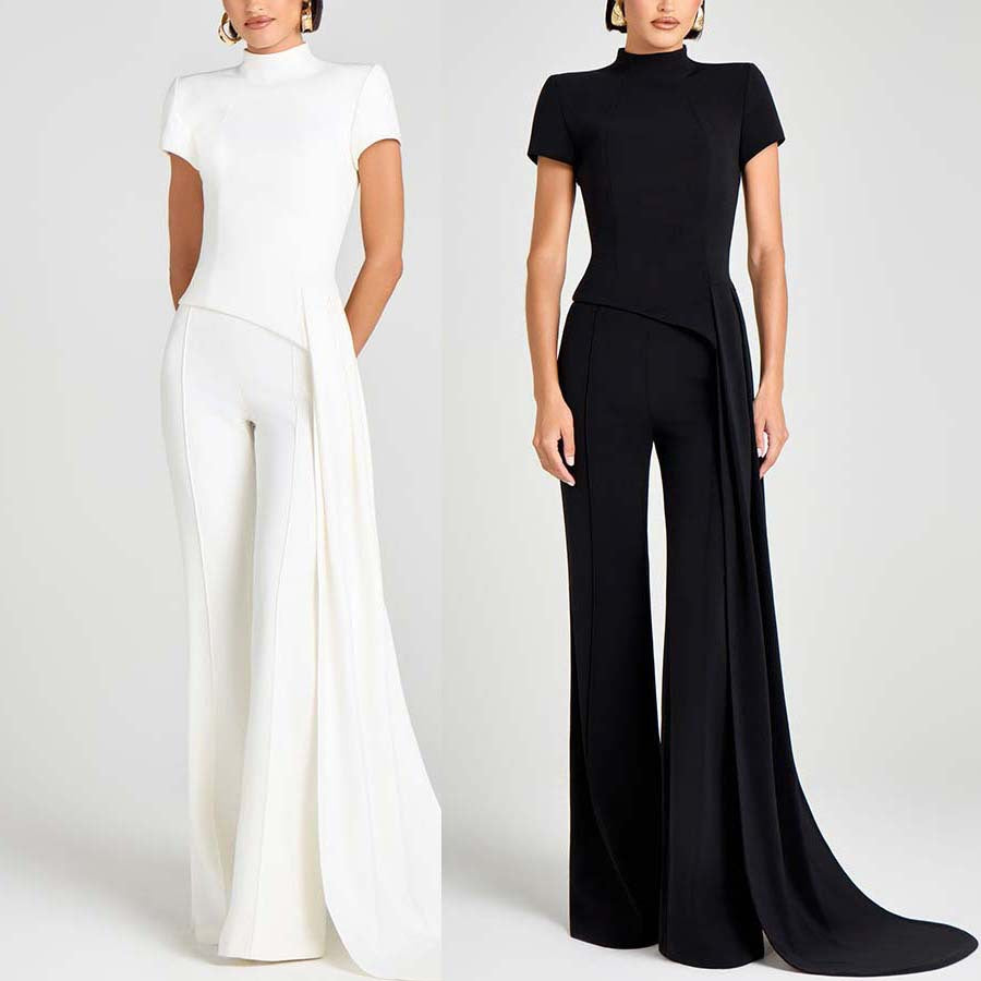 Elegant High Neck Short Sleeve Pants Set