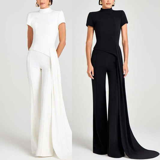 Elegant High Neck Short Sleeve Pants Set