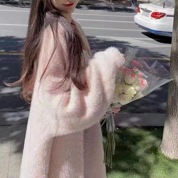 Autumn and winter thick loose cardigan mink fur medium long western-style sweater jacket lazy style long sleeved outer layer knit sweater