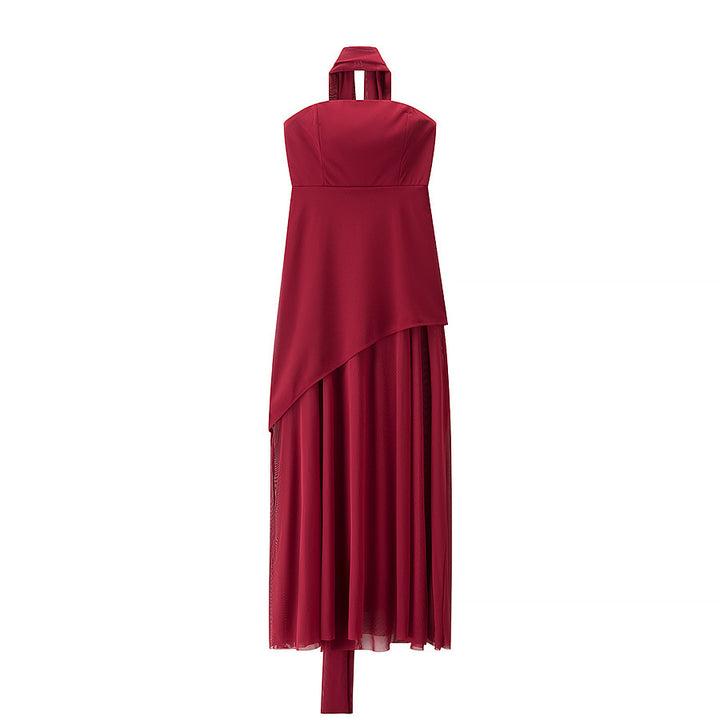 Women's Clothing Tube Top Mesh Splicing Hem Dress Sexy Solid Color