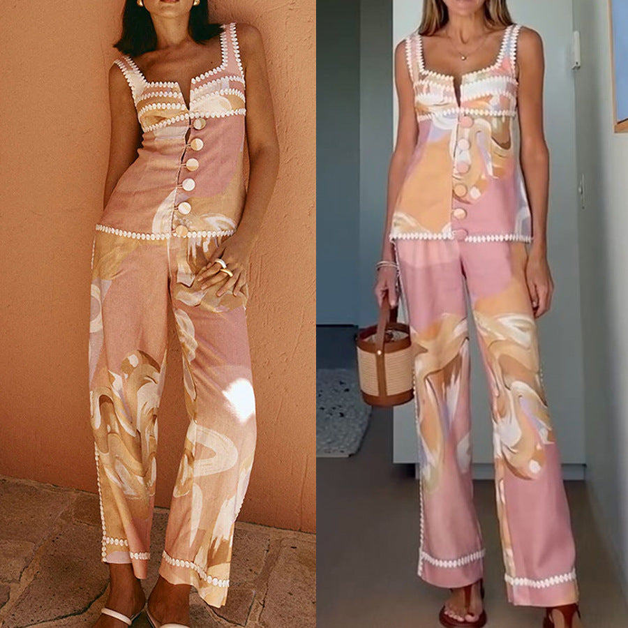 Sleeveless Vest and Long Pants Printed Set with Pockets for Women Spring Summer Fashion INS Holiday Style Two-Piece Set