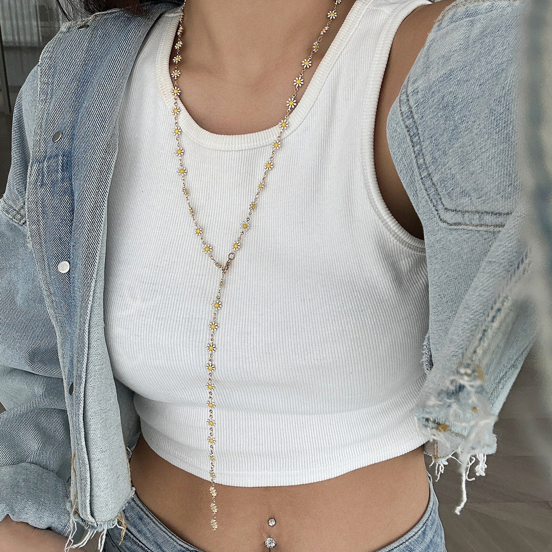 Fashionable colored crystal Y-shaped necklace, simple geometric multi-layer tassel collarbone chain