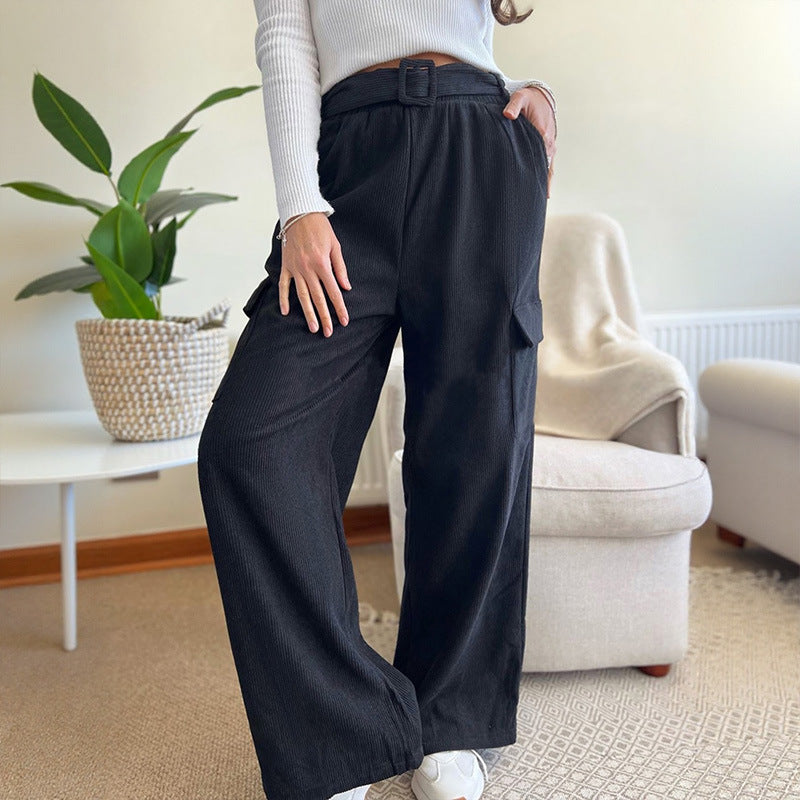 Women's Wide Leg Trousers with Belt Loose Solid Color Corduroy Pants