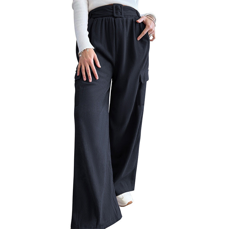 Women's Wide Leg Trousers with Belt Loose Solid Color Corduroy Pants