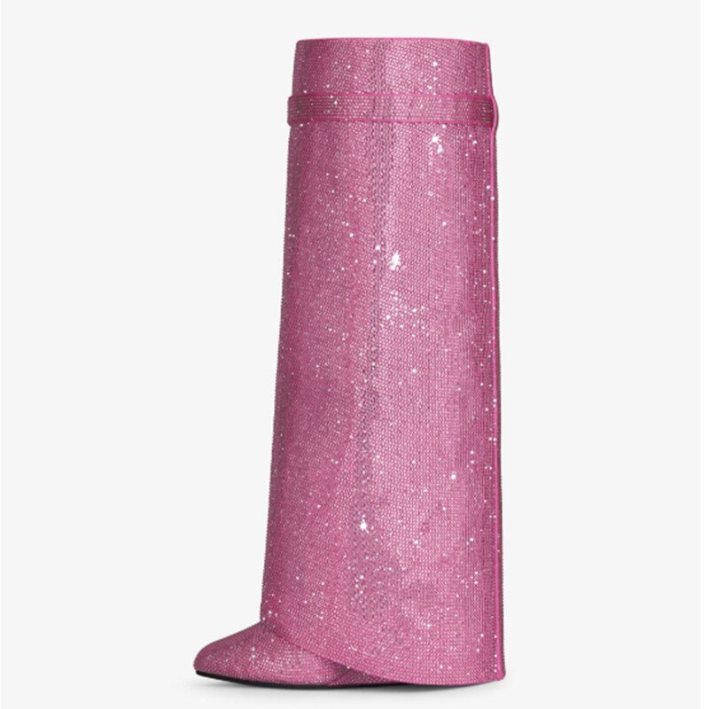 processing time:7-10 days after placing orders--Pink Rhinestone Round Toe Wedge Knee-High Boots Woman Winter Lock Silver Trouser Boot Female Fashion Luxury Shoes for Women