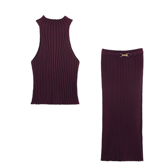 Fashion ribbed knitted halter neck top+long skirt set for women