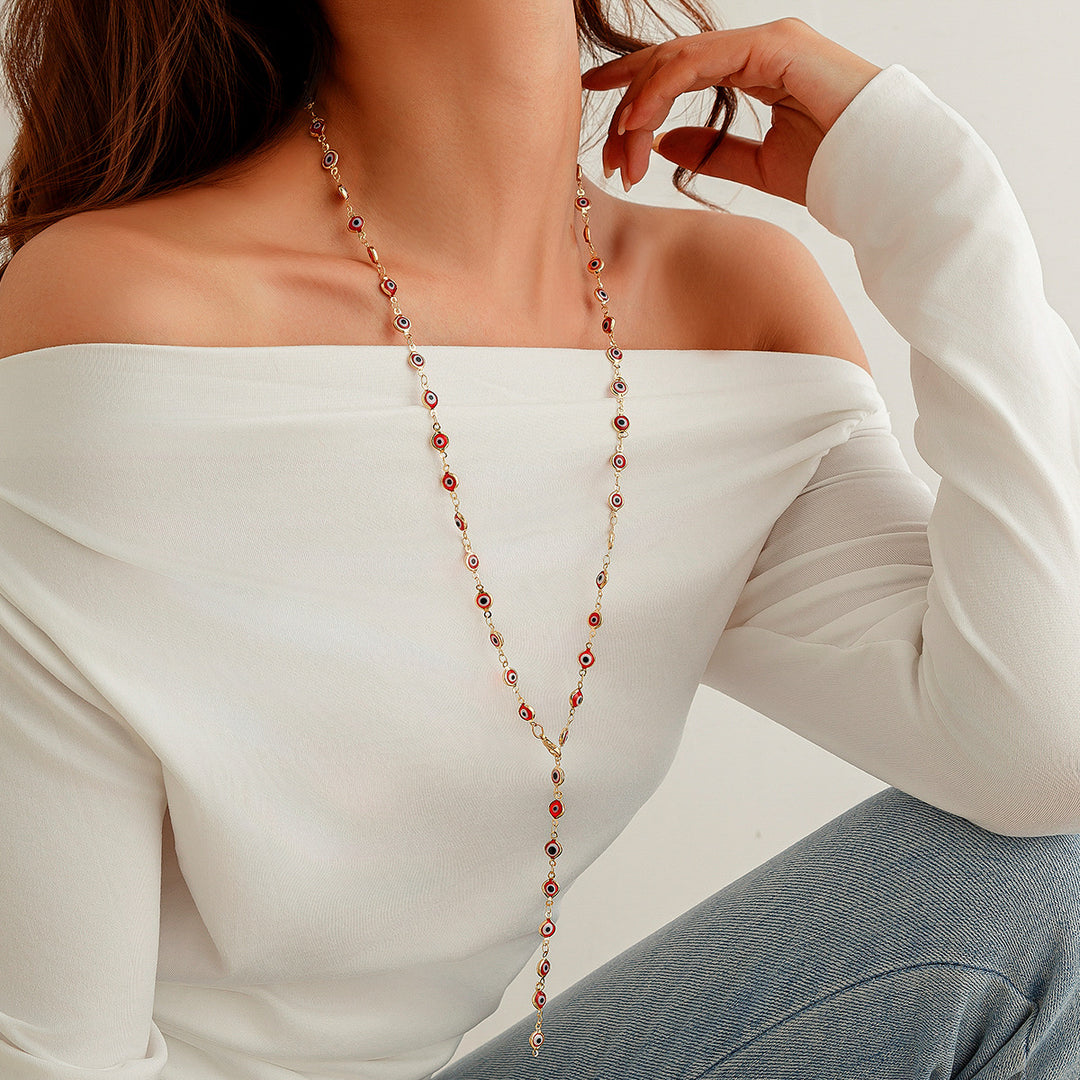 Fashionable colored crystal Y-shaped necklace, simple geometric multi-layer tassel collarbone chain