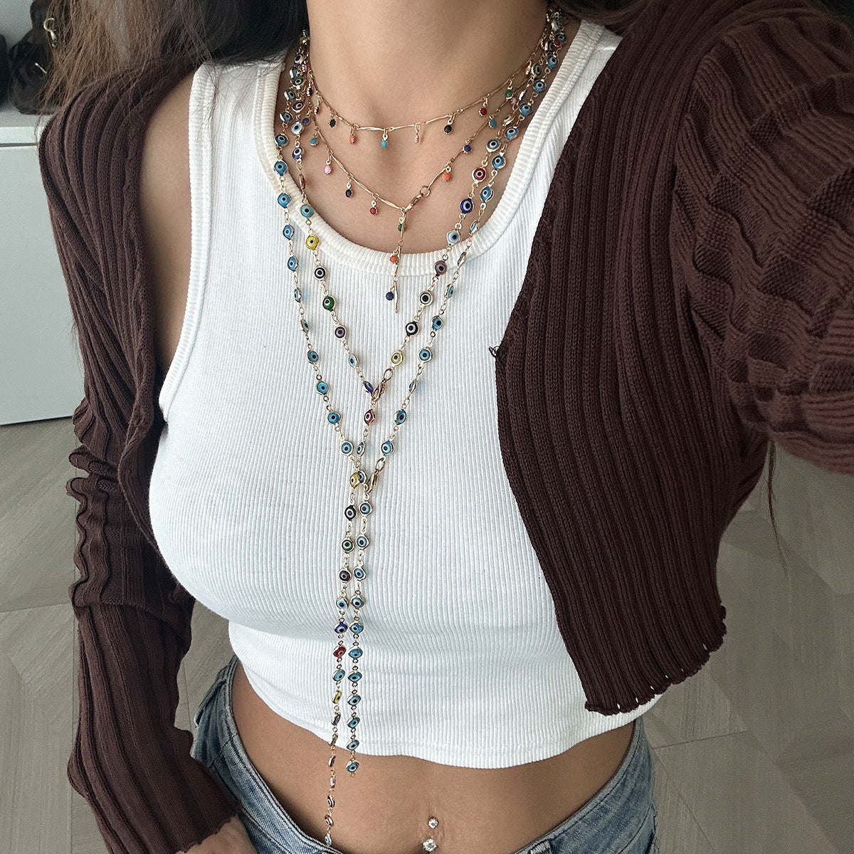 Fashionable colored crystal Y-shaped necklace, simple geometric multi-layer tassel collarbone chain