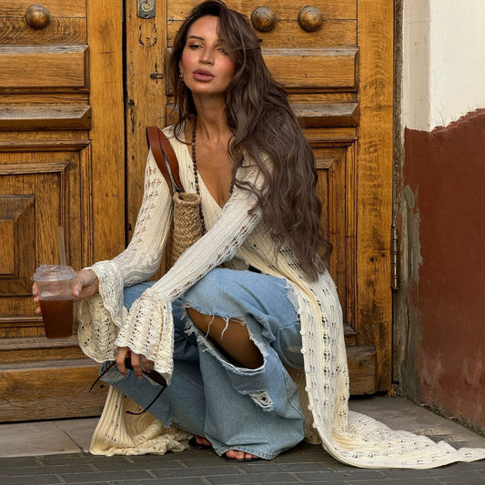 Long Hollow Knit Cardigan