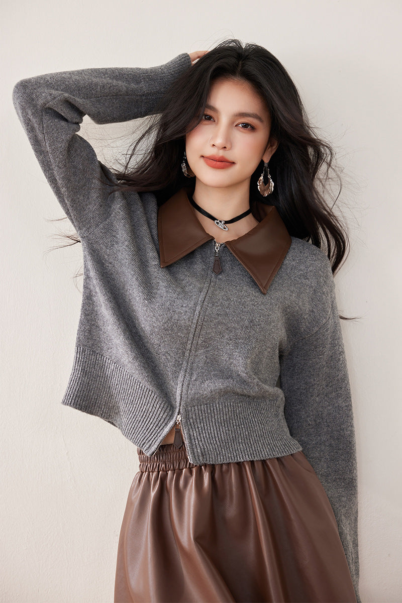 Knitted Cardigan with Polo Neck