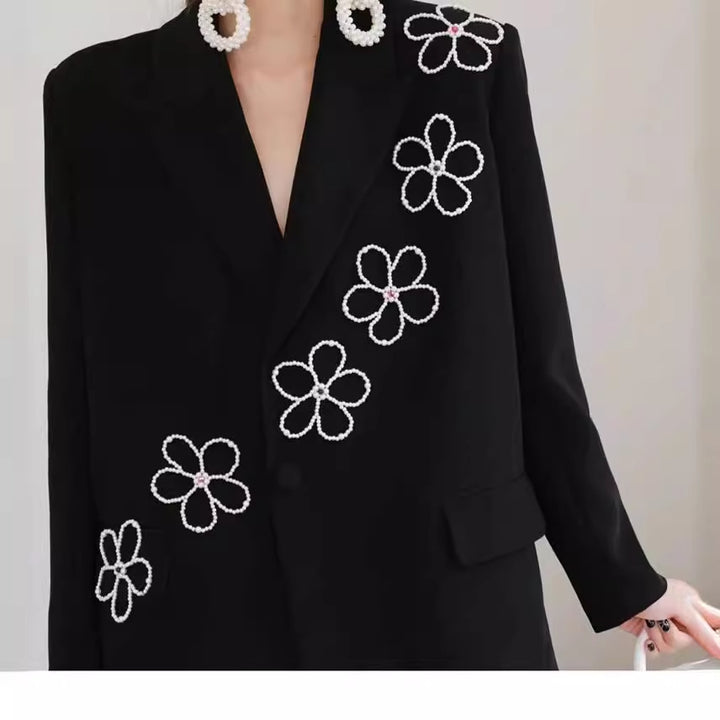 Elegant Bloom Black Pearl Flower Blazer