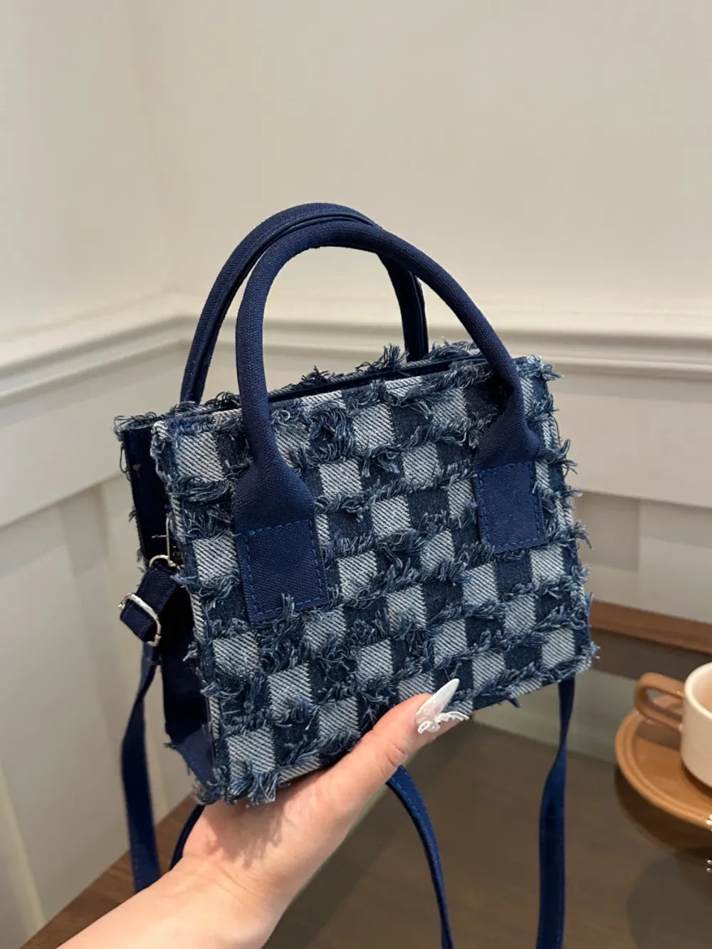 Raw Hem Checkered Denim Handbag