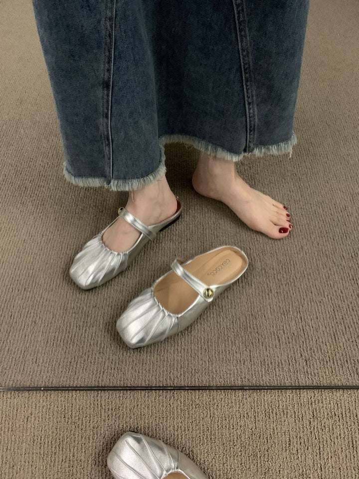Silver Baotou Half Tuo Flat Bottom Sandals for Women's Summer Outwear New Mary Jane Muller with Skirt Sandals