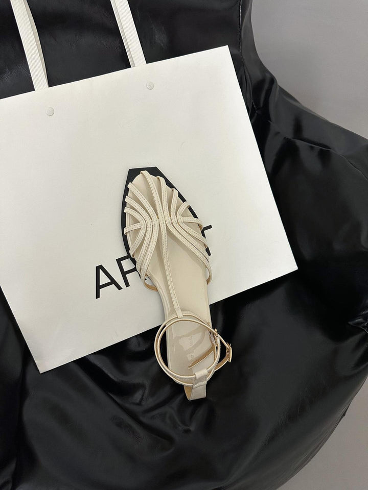 French Knitted Hollow Bow Flat Bottom Women's Sandals with Gold and Silver Open Toe Wrist Wrap and One Word Strap Shoes