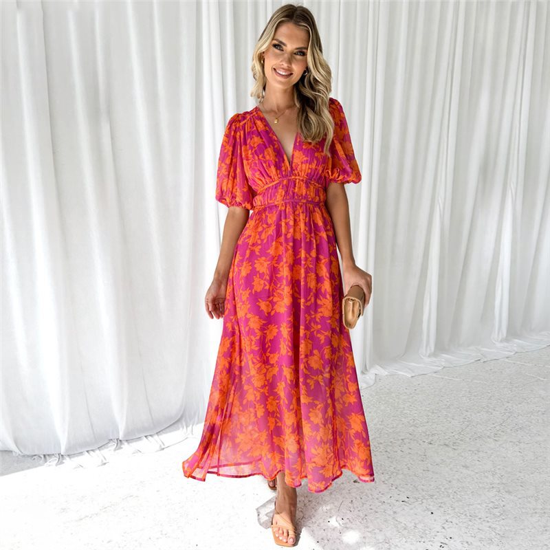 Summer Printed V-neck Sexy Waist Trimming Dress