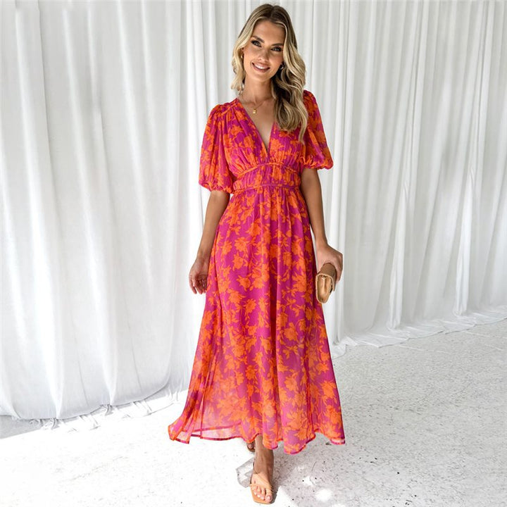 Summer Printed V-neck Sexy Waist Trimming Dress
