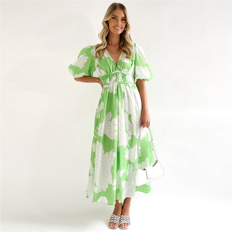 Summer Printed V-neck Sexy Waist Trimming Dress