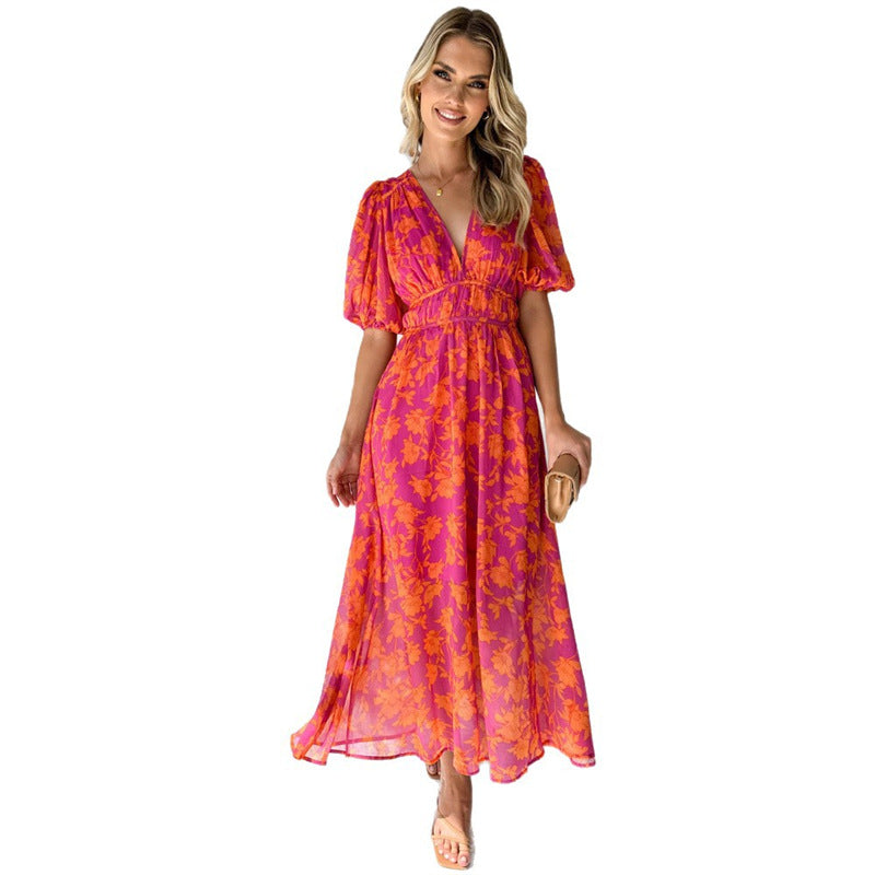 Summer Printed V-neck Sexy Waist Trimming Dress