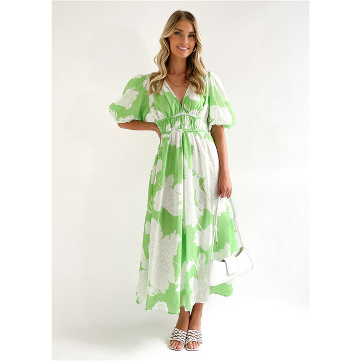 Summer Printed V-neck Sexy Waist Trimming Dress