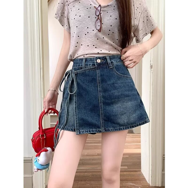 Fake Two Pieces Denim Shorts Summer A- Line High Waist Irregular