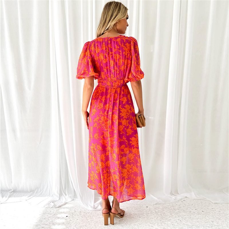 Summer Printed V-neck Sexy Waist Trimming Dress