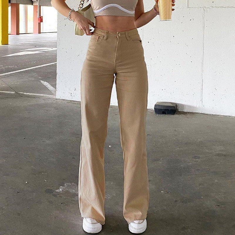 High Waist Slim Straight Denim Trousers