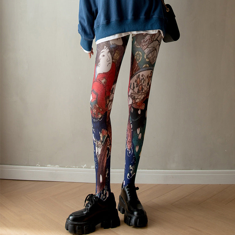 Thin Fashion Vintage Pantyhose Spring And Autumn Flower Print