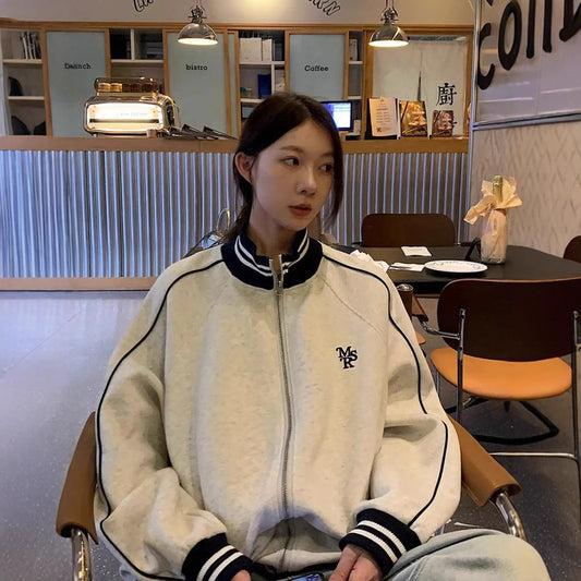 Contrast Color Striped Stand Collar Loose Preppy Style Leisure Sports Sweater Coat