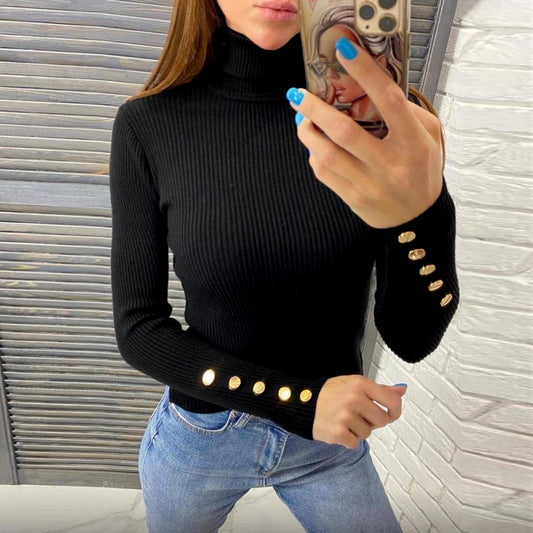 Metal Buckle Turtleneck Long Sleeve Pullover Knitted Sweater