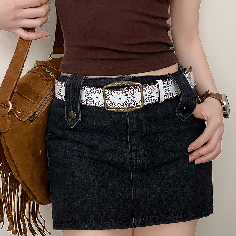 White Embossed Brass Buckle Wide Casual Short Skirt Belt